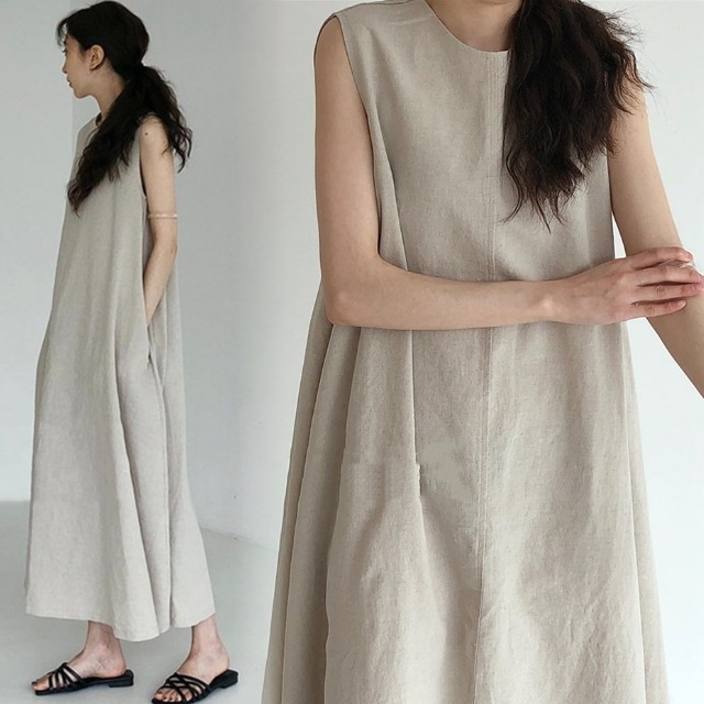 マキシワンピース レディース 大きいサイズ ノースリーブ ワンピース Aライン フレア ロングワンピース ポケット 丸首 オレンジ ベージュ マキシワンピース レディース 大きいサイズ ノースリーブ ワンピース Aライン フレア ロングワンピース ポケット 丸首 オレンジ ベージュ