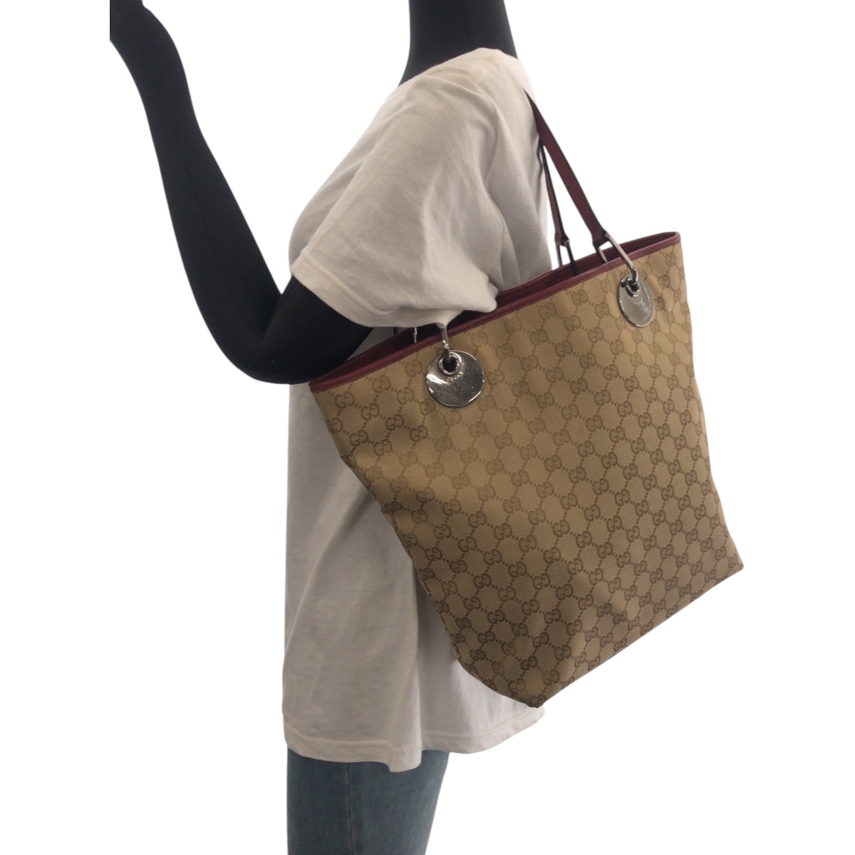 美品 ベージュ レッド シルバー金具 GGキャンバス 120836 トートバッグ ハンドバッグ レディース 501128 美品 ベージュ レッド シルバー金具 GGキャンバス 120836 トートバッグ ハンドバッグ レディース 501128