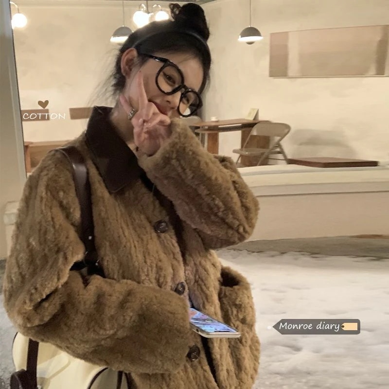 アウター ウールの綿入れ コート着 レディー 茶色の綿入れの服 あつさを増す 毛皮一体 綿入れの服 気質 ファッション 保温快適 上着 コート着 韓国ファッション