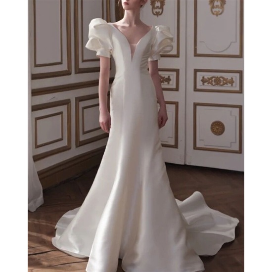 【取寄：納期2週間】ウェディングドレス 大きいサイズ 2XL フィッシュテール ハイウエスト パフスリーブ サテン Vネック シンプル 美シルエット 結婚式ドレス フォーマル エレガント