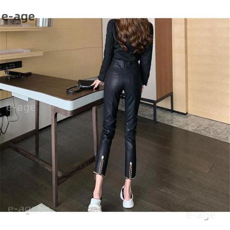 作登場レザーパンツレディース裏起毛裏ボアPUパンツラッパボトムスズボンカジュアルフェイクレザー無地スキニー細身防寒秋冬