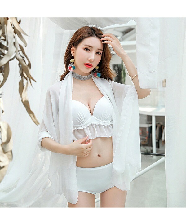 新作 水着 レディース セクシー ビキニ ワイヤー入り レース 2Colors フリル パレオ付き 3点セット 3角ビキニ 個性 ホワイト ブラック df066y6y6c6
