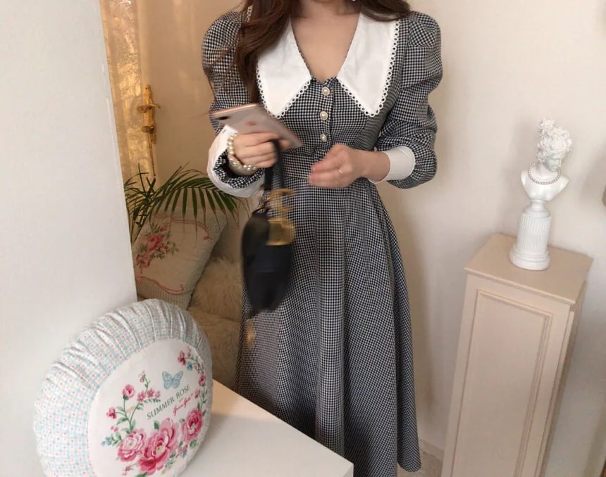 ワンピース ロングワンピース ロング丈 レース 長袖 パフスリーブ ハイウエスト 襟付き ボタン ワンピース ロングワンピース ロング丈 レース 長袖 パフスリーブ ハイウエスト 襟付き ボタン