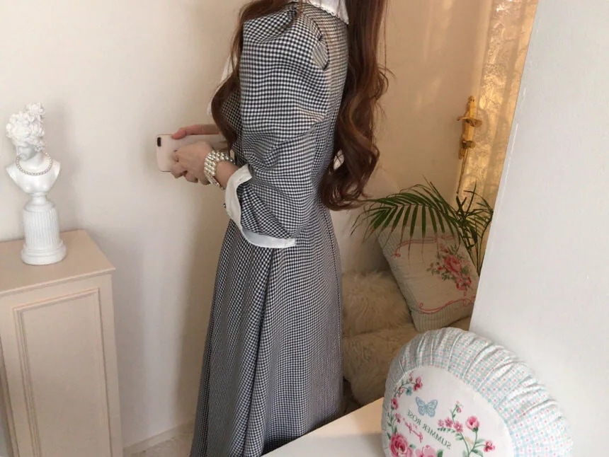 ワンピース ロングワンピース ロング丈 レース 長袖 パフスリーブ ハイウエスト 襟付き ボタン ワンピース ロングワンピース ロング丈 レース 長袖 パフスリーブ ハイウエスト 襟付き ボタン