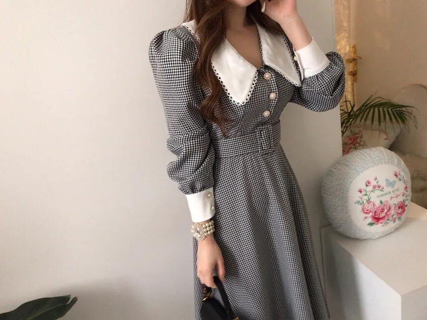 ワンピース ロングワンピース ロング丈 レース 長袖 パフスリーブ ハイウエスト 襟付き ボタン ワンピース ロングワンピース ロング丈 レース 長袖 パフスリーブ ハイウエスト 襟付き ボタン