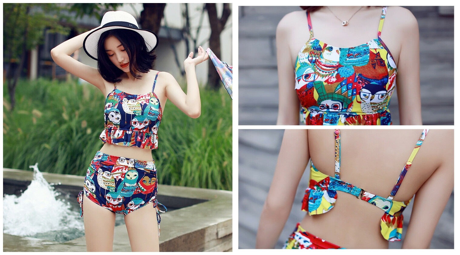 新作-f014 レディス水着 カラフル オフショルダー ビスチェ バンドゥ フリル ワンピース タンキニ 大きいサイズS-XL 16247