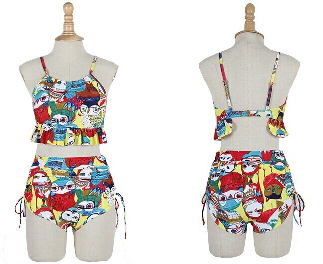 新作-f014 レディス水着 カラフル オフショルダー ビスチェ バンドゥ フリル ワンピース タンキニ 大きいサイズS-XL 16247