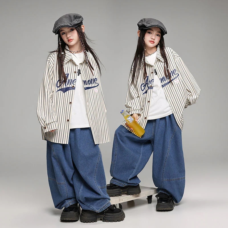 ストリートダンス子供ファッションhiphopコスチュームヒップホップ女の子子供服ファッションストライプシャツセット女の子ショー衣装