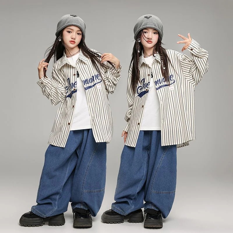ストリートダンス子供ファッションhiphopコスチュームヒップホップ女の子子供服ファッションストライプシャツセット女の子ショー衣装