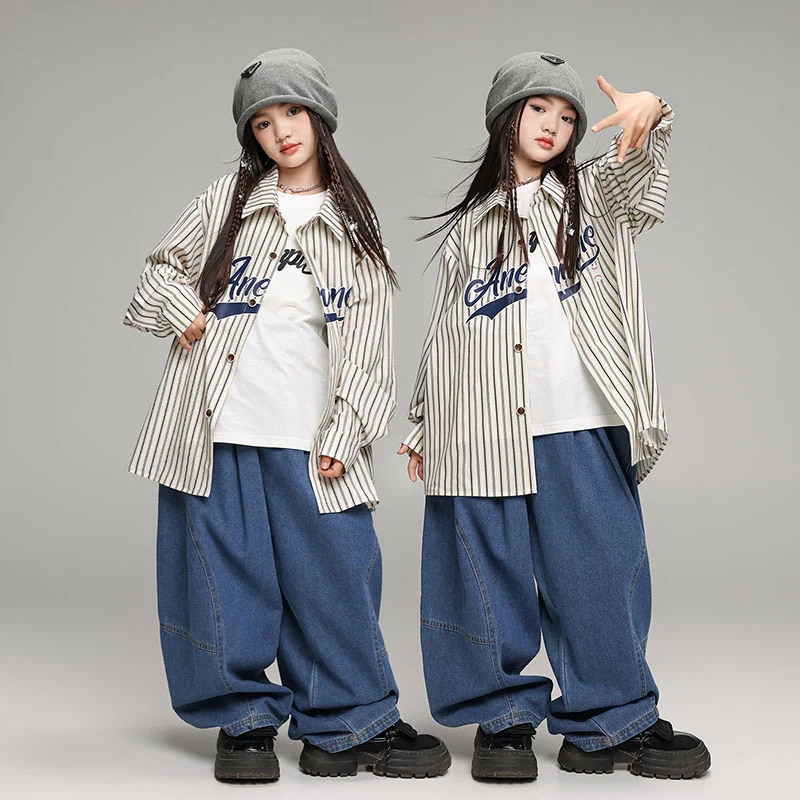 ストリートダンス子供ファッションhiphopコスチュームヒップホップ女の子子供服ファッションストライプシャツセット女の子ショー衣装