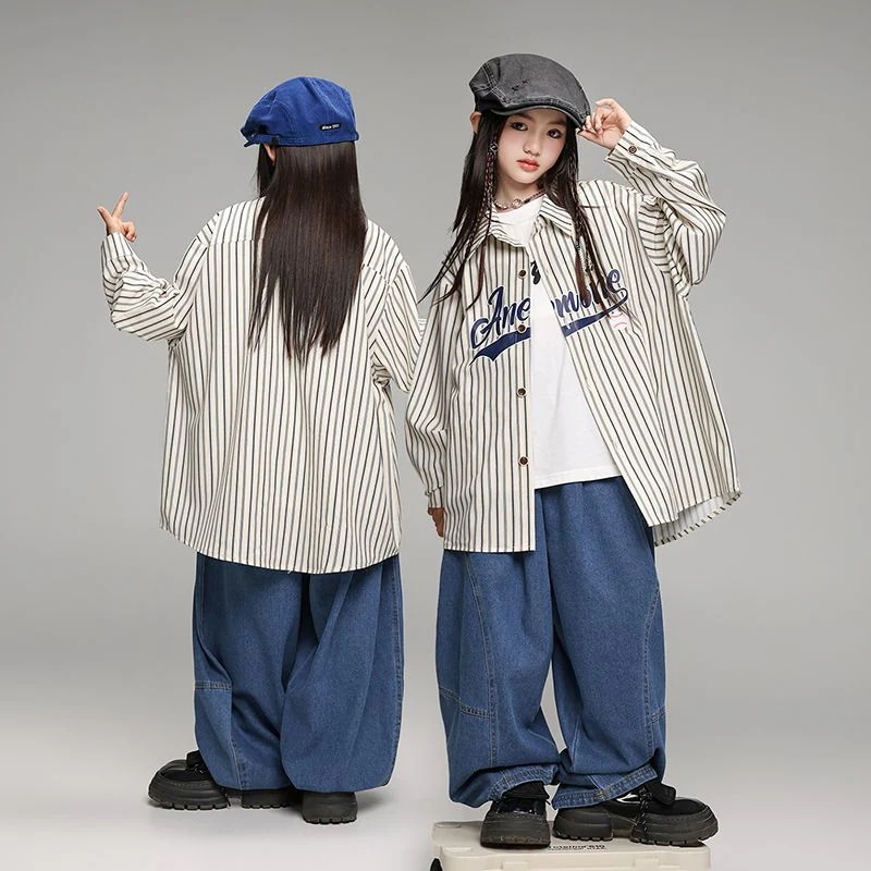 ストリートダンス子供ファッションhiphopコスチュームヒップホップ女の子子供服ファッションストライプシャツセット女の子ショー衣装