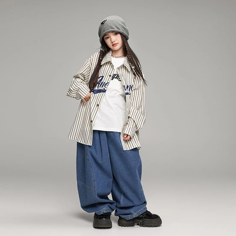 ストリートダンス子供ファッションhiphopコスチュームヒップホップ女の子子供服ファッションストライプシャツセット女の子ショー衣装