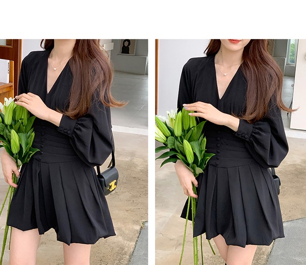 スリーピーラビット スリムフィット Vネック ハイウエスト 長袖ドレス