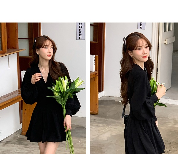 スリーピーラビット スリムフィット Vネック ハイウエスト 長袖ドレス