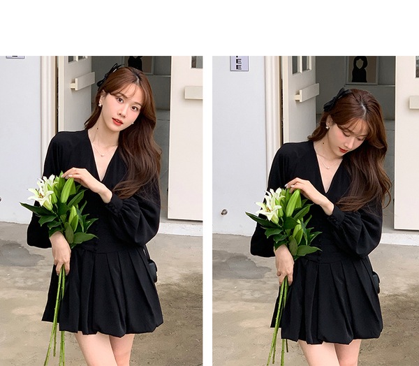 スリーピーラビット スリムフィット Vネック ハイウエスト 長袖ドレス