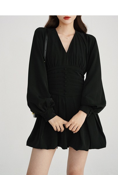 スリーピーラビット スリムフィット Vネック ハイウエスト 長袖ドレス