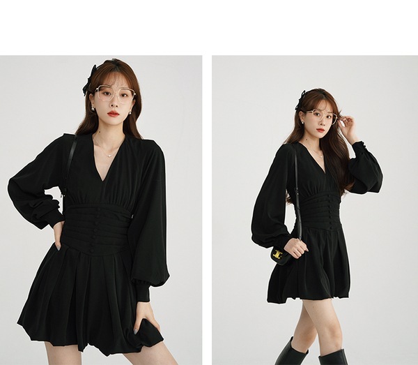 スリーピーラビット スリムフィット Vネック ハイウエスト 長袖ドレス