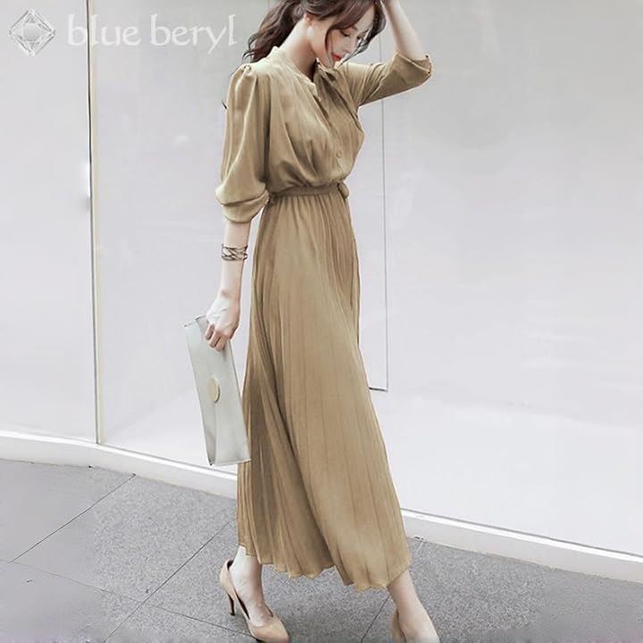ブルーベリル シフォンワンピース ロング プリーツ レディース 長袖 ハイウエスト ウエストリボン フレア 春 秋 BB054(ベージュ, XL) ブルーベリル シフォンワンピース ロング プリーツ レディース 長袖 ハイウエスト ウエストリボン フレア 春 秋 BB054(ベージュ, XL)