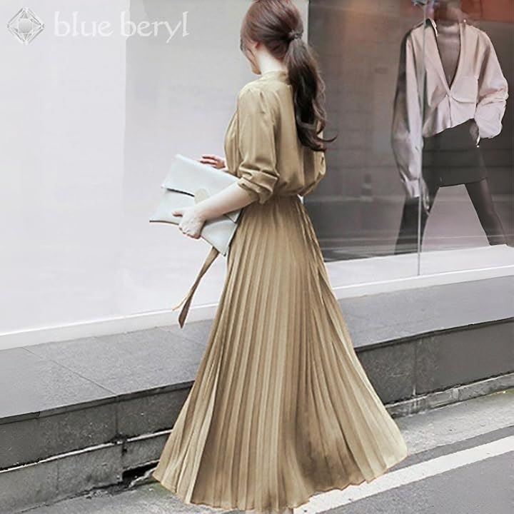 ブルーベリル シフォンワンピース ロング プリーツ レディース 長袖 ハイウエスト ウエストリボン フレア 春 秋 BB054(ベージュ, XL) ブルーベリル シフォンワンピース ロング プリーツ レディース 長袖 ハイウエスト ウエストリボン フレア 春 秋 BB054(ベージュ, XL)