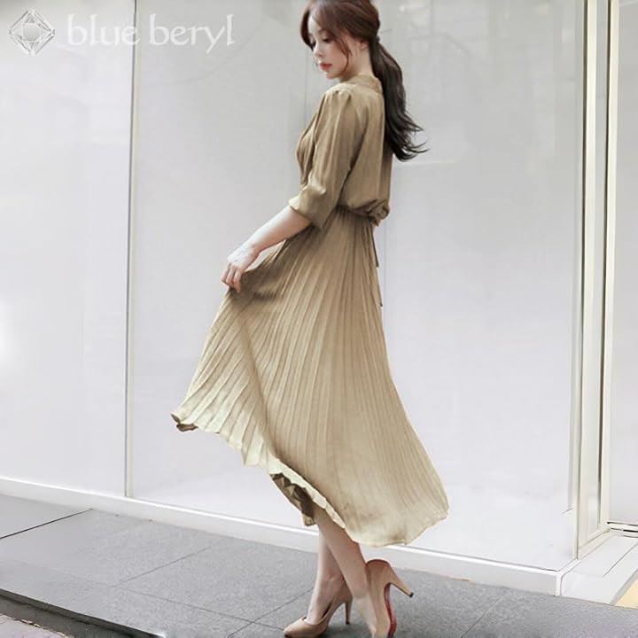 ブルーベリル シフォンワンピース ロング プリーツ レディース 長袖 ハイウエスト ウエストリボン フレア 春 秋 BB054(ベージュ, XL) ブルーベリル シフォンワンピース ロング プリーツ レディース 長袖 ハイウエスト ウエストリボン フレア 春 秋 BB054(ベージュ, XL)