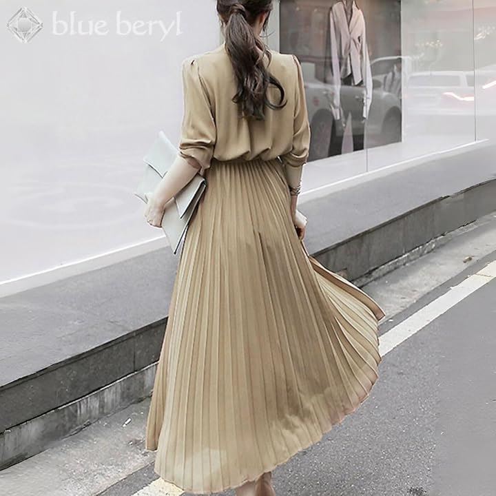 ブルーベリル シフォンワンピース ロング プリーツ レディース 長袖 ハイウエスト ウエストリボン フレア 春 秋 BB054(ベージュ, XL) ブルーベリル シフォンワンピース ロング プリーツ レディース 長袖 ハイウエスト ウエストリボン フレア 春 秋 BB054(ベージュ, XL)