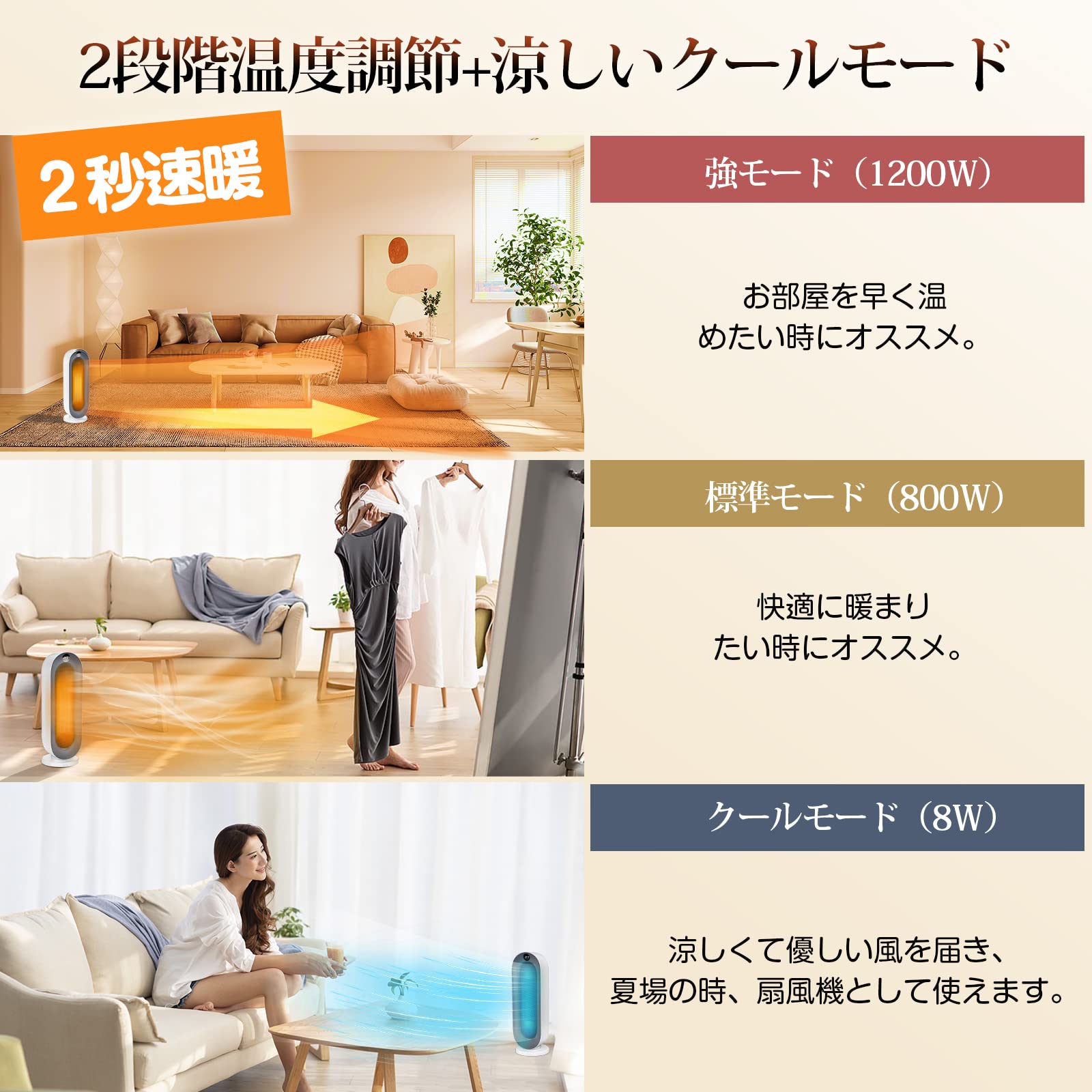 『2024冬新型』 セラミックヒーター 【ECO知能恒温 節電対策】 セラミックファンヒーター 暖房器具 省エネ 電気 ファンヒーター 首振り 3段階温度調整 800W/1200W 切り忘れ防止 二重