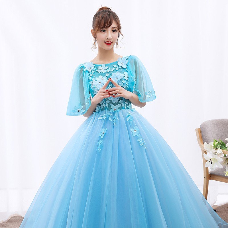 ウエディングドレス 半袖 カラードレス 青 コンサート 安い ロングドレス 演奏会 二次会 プリンセ ウエディングドレス 半袖 カラードレス 青 コンサート 安い ロングドレス 演奏会 二次会 プリンセ