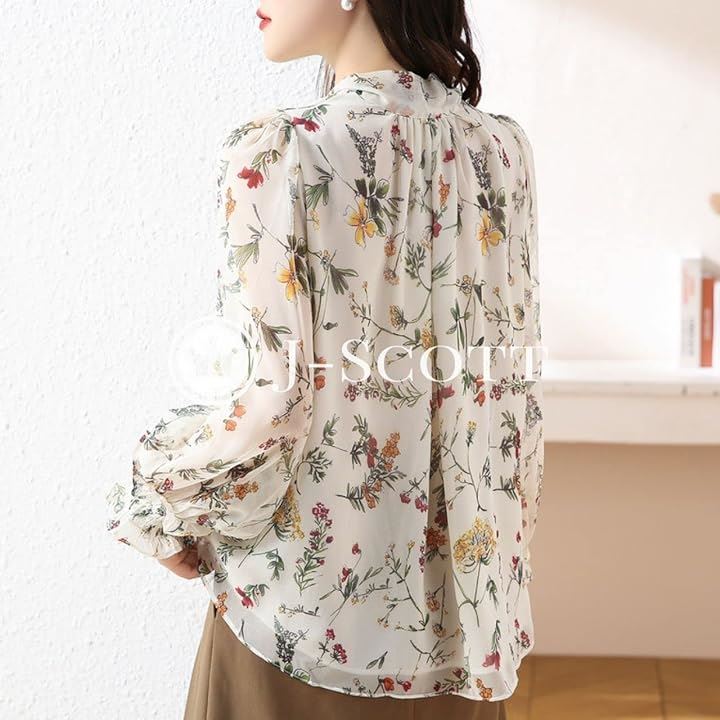 花柄ボウタイブラウス シフォン素材 ふんわり袖 袖口ギャザー 裏地有り 長袖 フェミニン シースルー セレカジ 華奢魅せ しっかり見え リッチ きちんと感 女性用(ホワイト, M) 花柄ボウタイブラウス シフォン素材 ふんわり袖 袖口ギャザー 裏地有り 長袖 フェミニン シースルー セレカジ 華奢魅せ しっかり見え リッチ きちんと感 女性用(ホワイト, M)