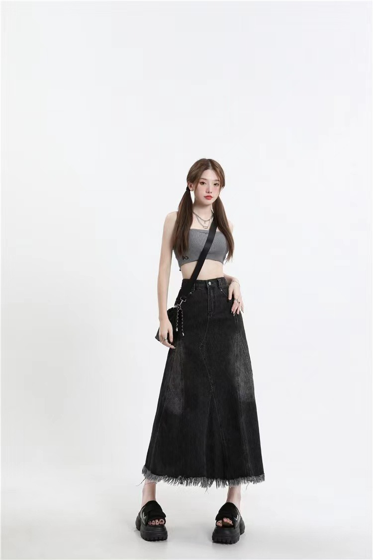 レディース スカート デニムスカート ミモレ ロング セミフレア Aライン 切りっぱなし スリット ハイウエスト かわいい 大人可愛い シンプル カジュアル おしゃれ かっこいい ラフ 無地