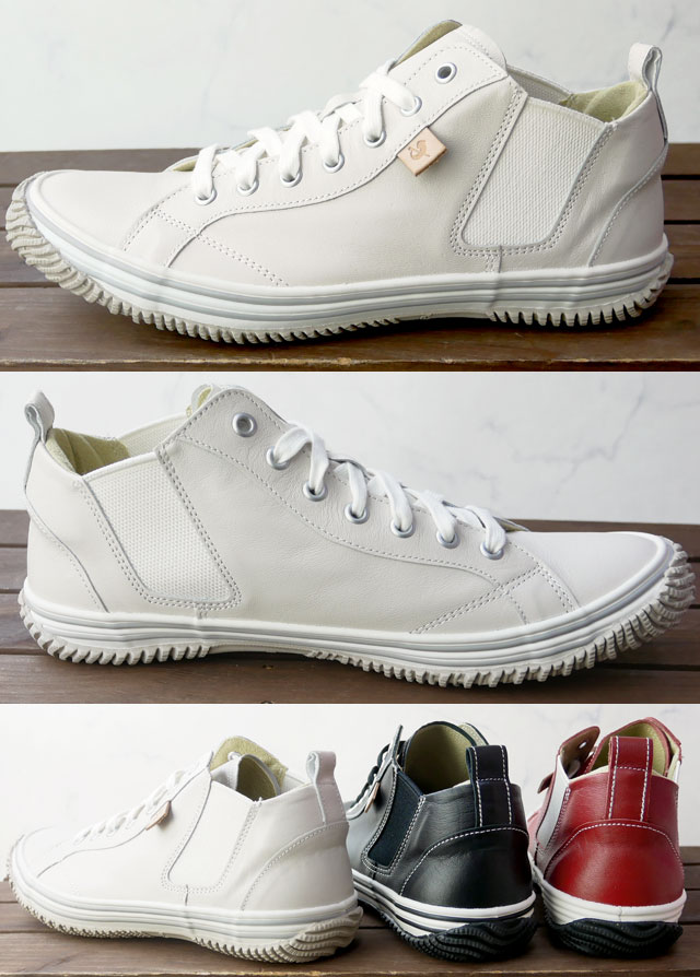 スピングルムーブ メンズ レディース スニーカー サイドゴア レザースニーカー 本革 ミッドカット 黒 ブラック 赤 レッド アイボリー 日本製 カンガルーレザー カジュアルシュー