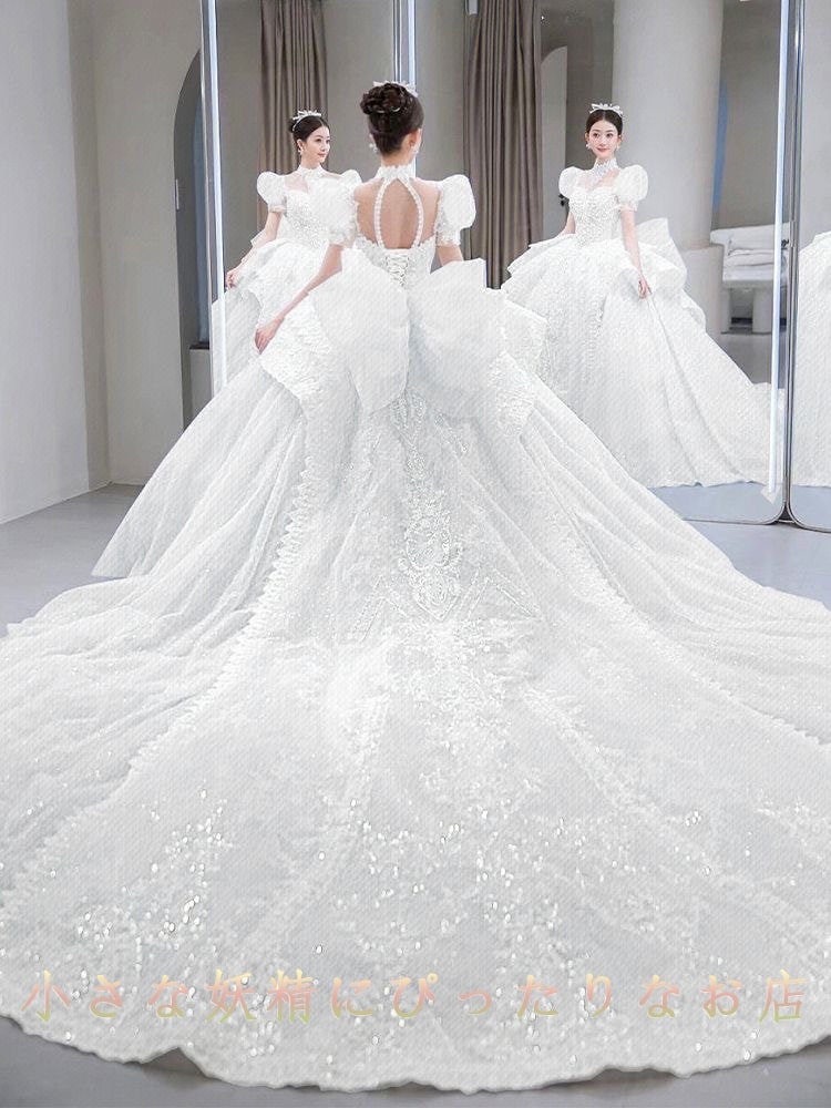 [送料無料]ウェディングドレス 2025 花嫁 パフスリーブ フランス宮廷風 重工テールふわふわプリンセスドレス ホワイトウェディングドレス ブルーウェディングドレス