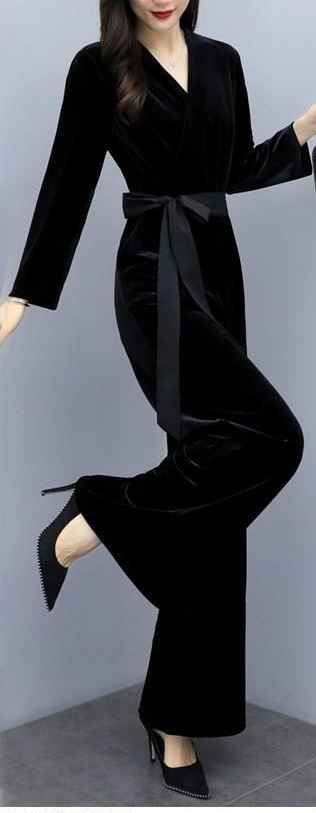 オールインワン ワイドパンツ ワンピドレス パンツ ワンピース ドレス ロング ロング丈 袖あり 長袖 Vネック ウエストリボン付き スリム美人 大人かっこいい 脚長効果 パーティー 食事会 女子