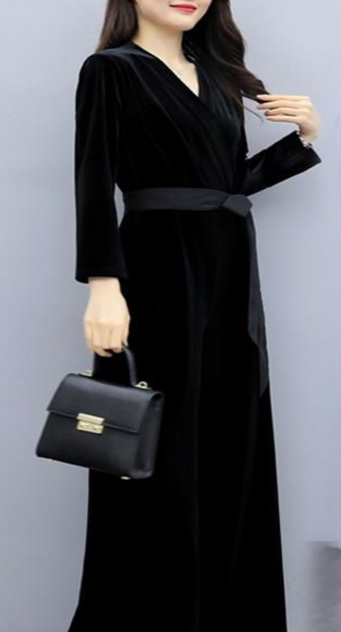 オールインワン ワイドパンツ ワンピドレス パンツ ワンピース ドレス ロング ロング丈 袖あり 長袖 Vネック ウエストリボン付き スリム美人 大人かっこいい 脚長効果 パーティー 食事会 女子