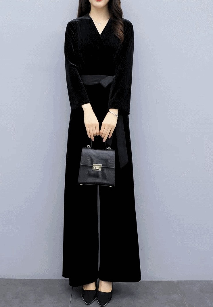 オールインワン ワイドパンツ ワンピドレス パンツ ワンピース ドレス ロング ロング丈 袖あり 長袖 Vネック ウエストリボン付き スリム美人 大人かっこいい 脚長効果 パーティー 食事会 女子