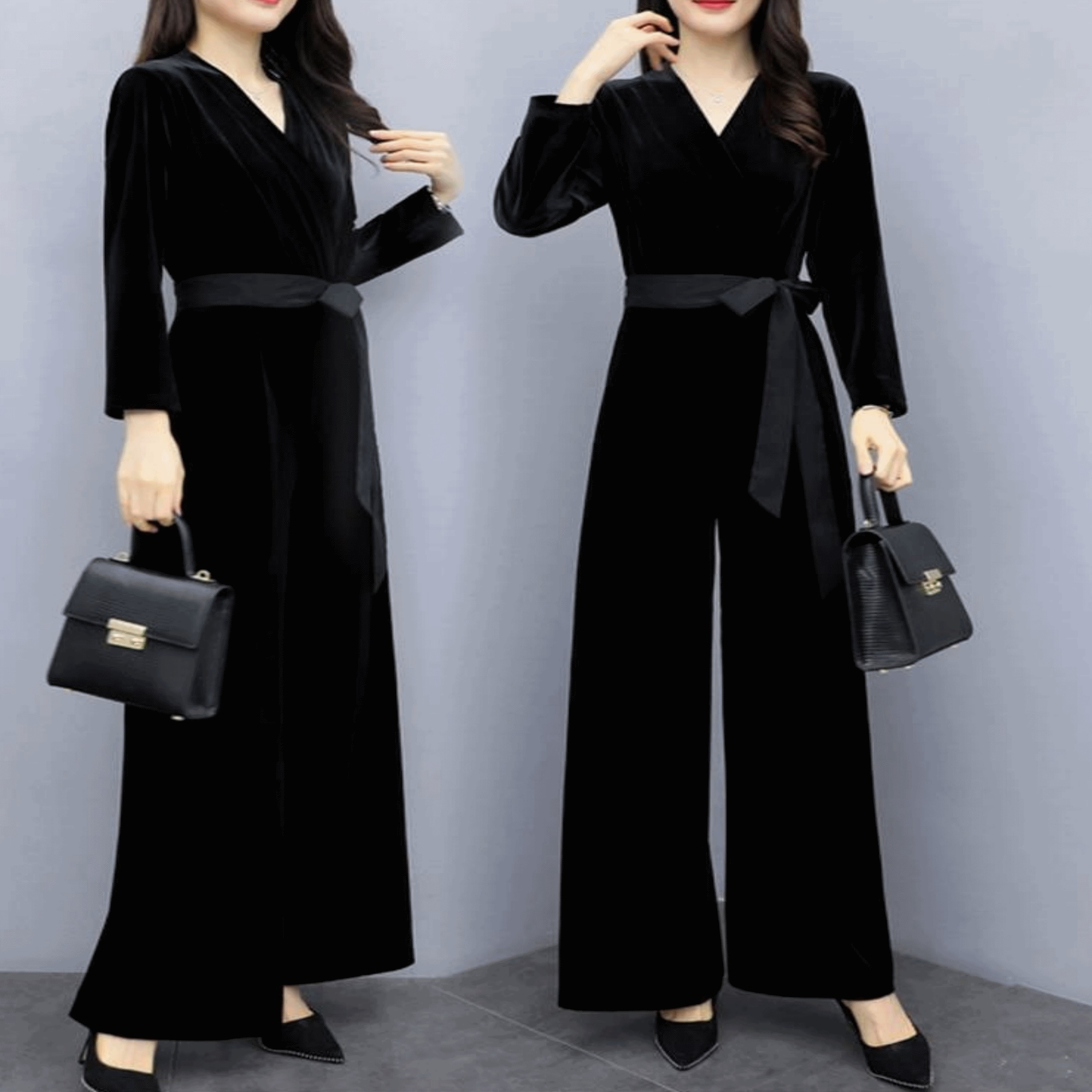 オールインワン ワイドパンツ ワンピドレス パンツ ワンピース ドレス ロング ロング丈 袖あり 長袖 Vネック ウエストリボン付き スリム美人 大人かっこいい 脚長効果 パーティー 食事会 女子