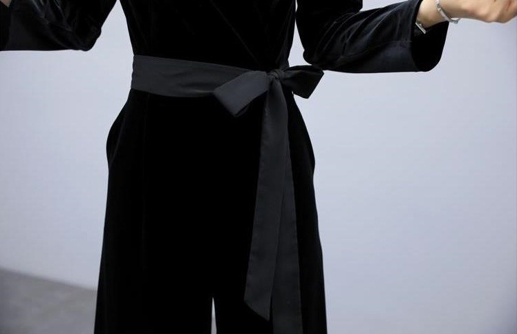 オールインワン ワイドパンツ ワンピドレス パンツ ワンピース ドレス ロング ロング丈 袖あり 長袖 Vネック ウエストリボン付き スリム美人 大人かっこいい 脚長効果 パーティー 食事会 女子