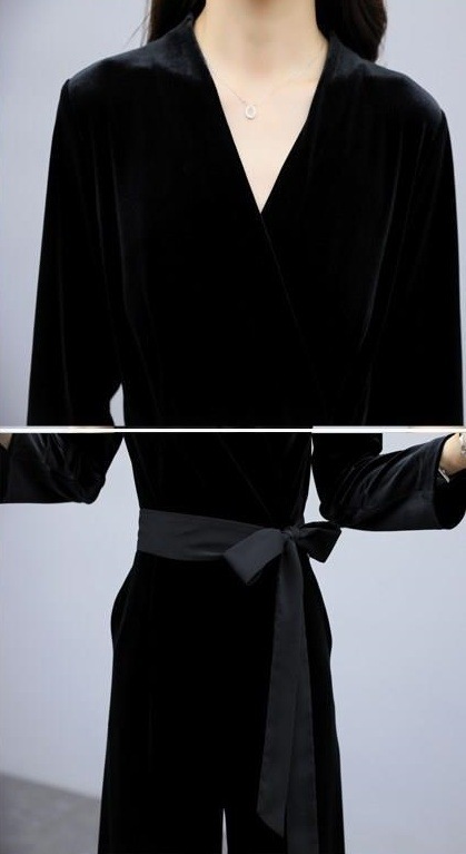 オールインワン ワイドパンツ ワンピドレス パンツ ワンピース ドレス ロング ロング丈 袖あり 長袖 Vネック ウエストリボン付き スリム美人 大人かっこいい 脚長効果 パーティー 食事会 女子