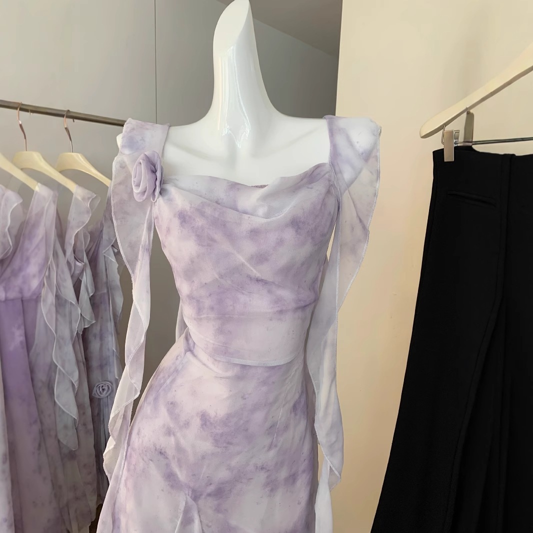 【急速出荷】紫のぼかし花柄シフォンキャミソールワンピースミディアムウエストノースリーブタンクトップスカート 【急速出荷】紫のぼかし花柄シフォンキャミソールワンピースミディアムウエストノースリーブタンクトップスカート