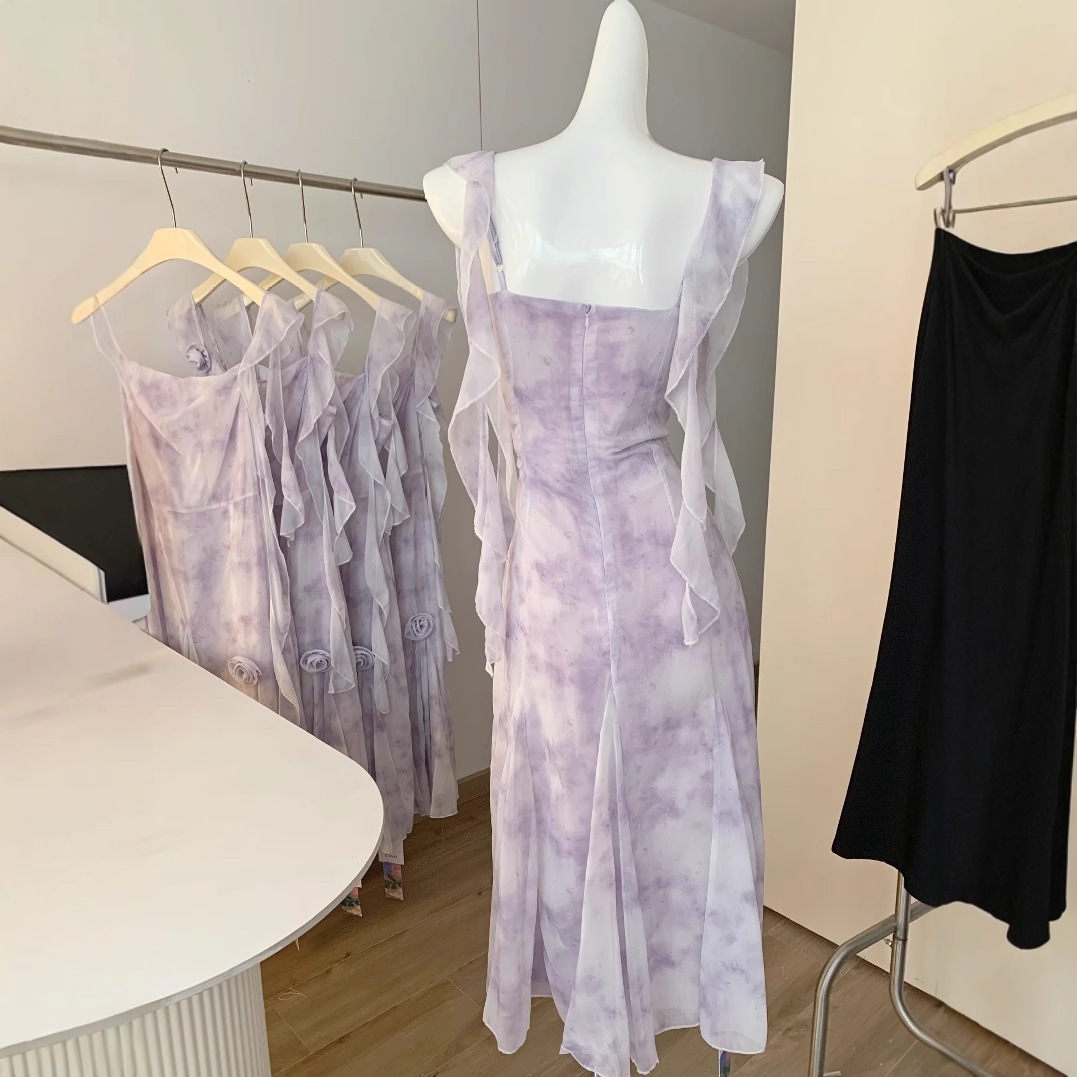 【急速出荷】紫のぼかし花柄シフォンキャミソールワンピースミディアムウエストノースリーブタンクトップスカート 【急速出荷】紫のぼかし花柄シフォンキャミソールワンピースミディアムウエストノースリーブタンクトップスカート