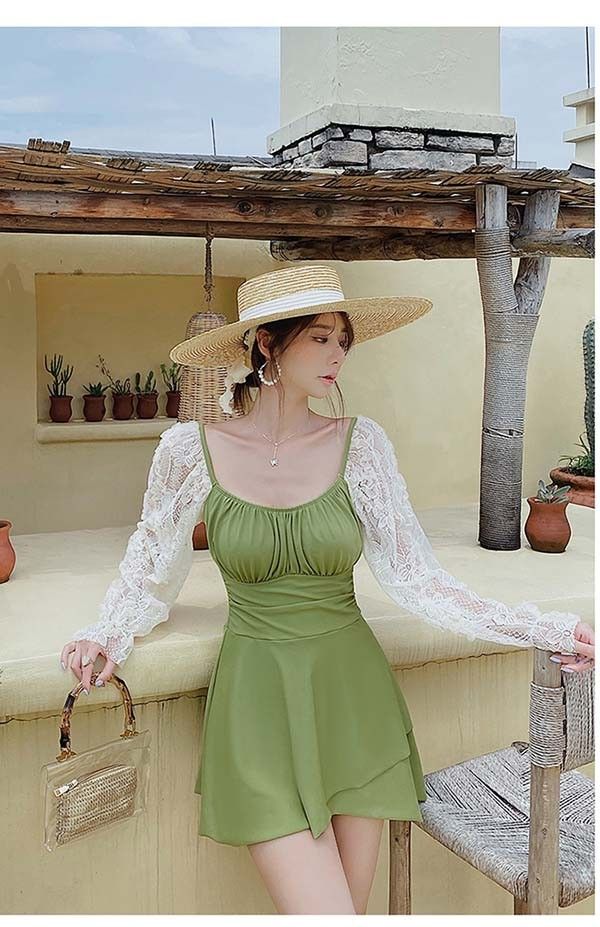 水着 レディース ワンピース 体型カバー 透け感 シアー感 露出控えめ 大きいサイズ 着やせ グリーン ぽっちゃり 女性 スポーツ水着 海水浴 温泉