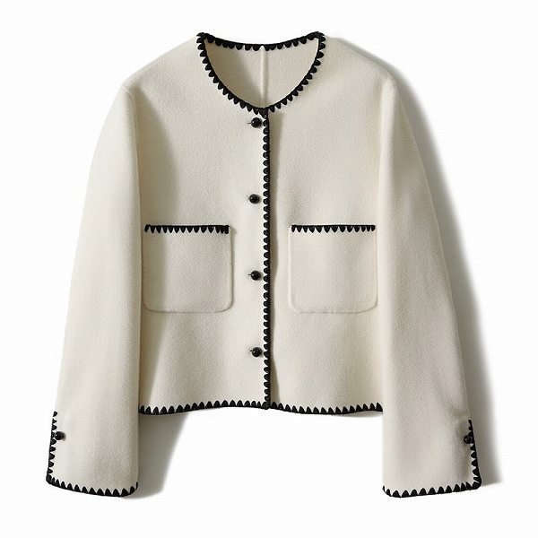 新品掲載！ノーカラージャケット　ビジネスジャケット　改まった席に　パイピング　ホワイト　長袖　ショートジャケット　細く見える通勤通学20代30代40代50代60代