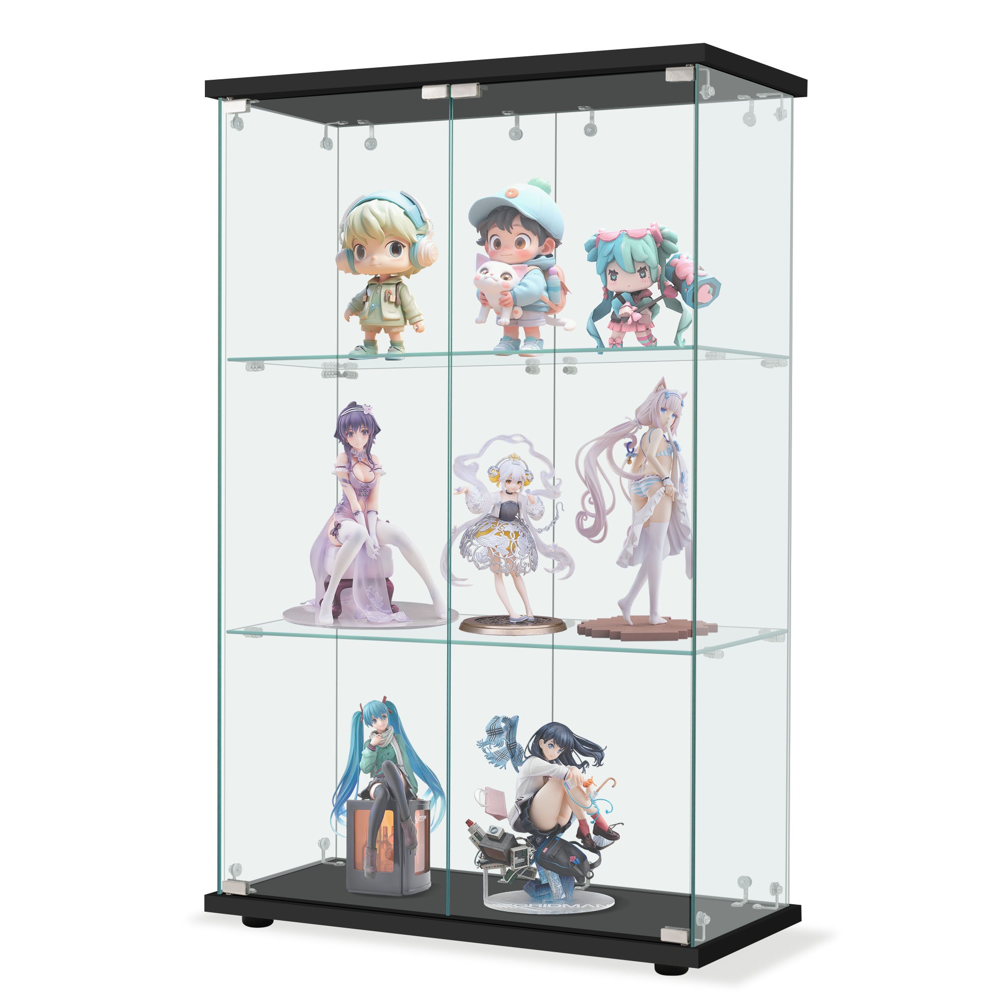 574コレクションケース 両扉タイプ 大型 ワイドタイプ ガラスディスプレイキャビネット フィギュアケース 3段 強化ガラス 全面ガラス サイズ:幅80.5×奥行36.5×高さ125.5cm ブラック