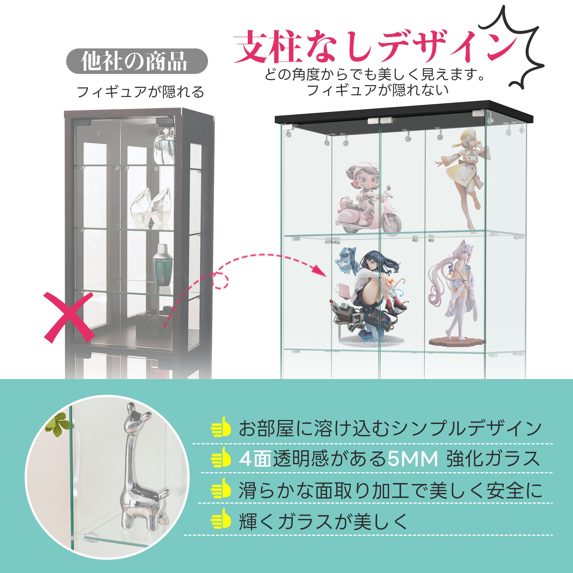 574コレクションケース 両扉タイプ 大型 ワイドタイプ ガラスディスプレイキャビネット フィギュアケース 3段 強化ガラス 全面ガラス サイズ:幅80.5×奥行36.5×高さ125.5cm ブラック