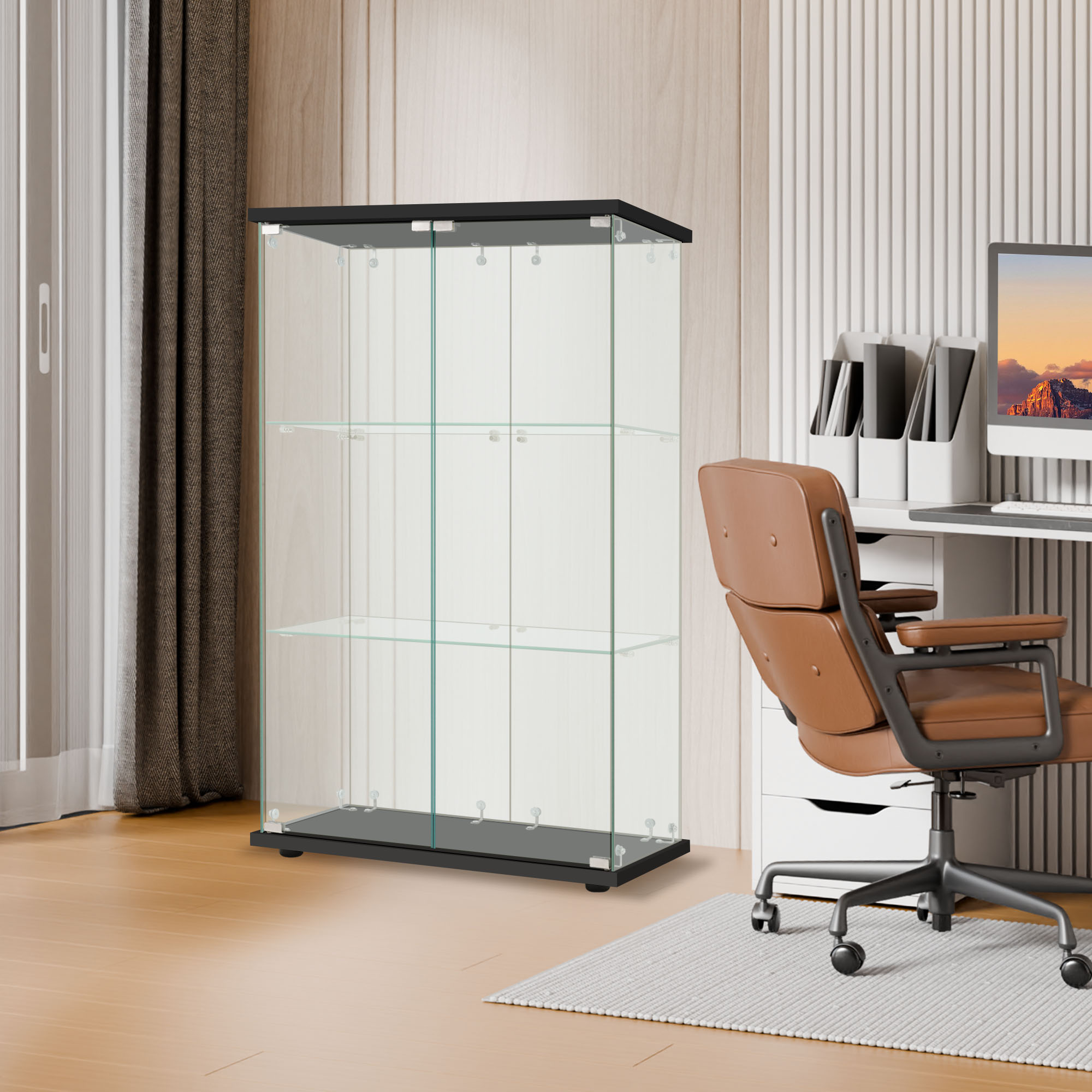 574コレクションケース 両扉タイプ 大型 ワイドタイプ ガラスディスプレイキャビネット フィギュアケース 3段 強化ガラス 全面ガラス サイズ:幅80.5×奥行36.5×高さ125.5cm ブラック