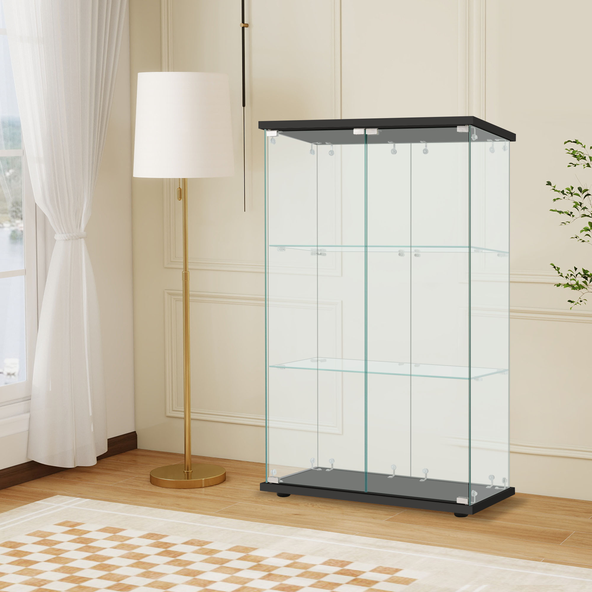 574コレクションケース 両扉タイプ 大型 ワイドタイプ ガラスディスプレイキャビネット フィギュアケース 3段 強化ガラス 全面ガラス サイズ:幅80.5×奥行36.5×高さ125.5cm ブラック