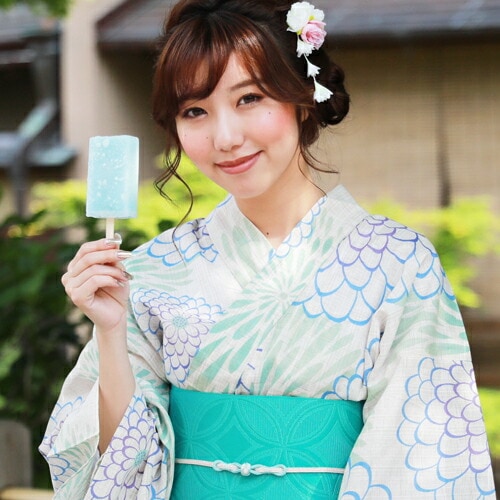 生成りに菊綿麻浴衣単品 高級変わり織 生成りに菊]綿