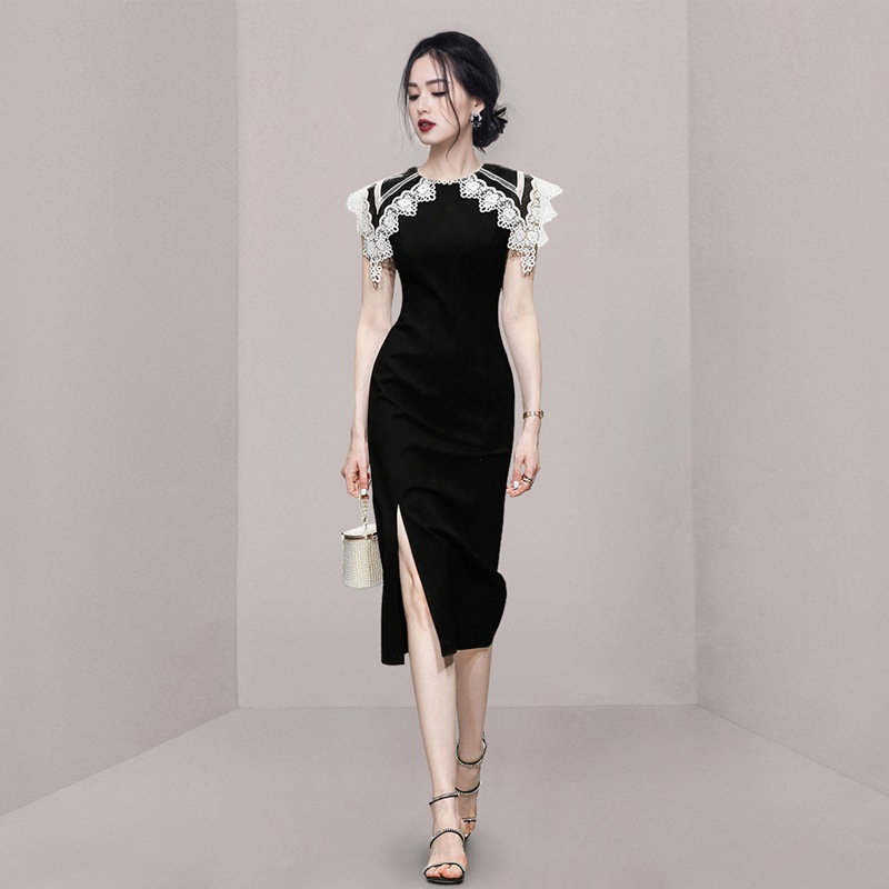 レース襟ワンピース ワンピース ワンピドレス 膝丈 ひざ丈 袖なし ノースリーブ ラウンドネック 襟付き スリム タイト 細身 Iライン レース スリット かわいい 大人可愛い きれいめ シンプル