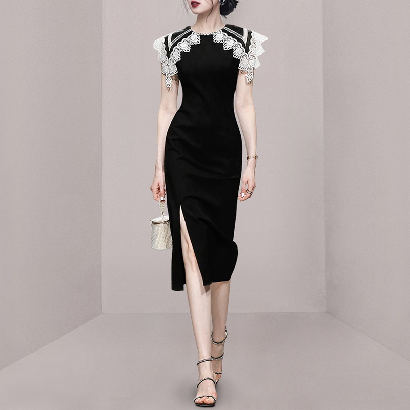 レース襟ワンピース ワンピース ワンピドレス 膝丈 ひざ丈 袖なし ノースリーブ ラウンドネック 襟付き スリム タイト 細身 Iライン レース スリット かわいい 大人可愛い きれいめ シンプル