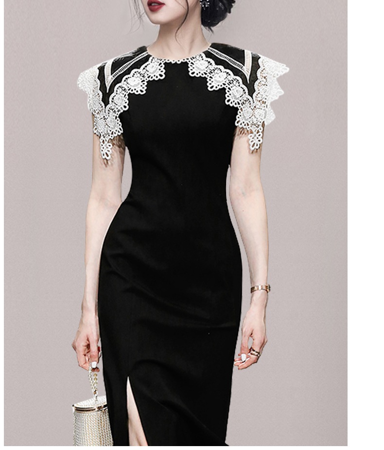 レース襟ワンピース ワンピース ワンピドレス 膝丈 ひざ丈 袖なし ノースリーブ ラウンドネック 襟付き スリム タイト 細身 Iライン レース スリット かわいい 大人可愛い きれいめ シンプル