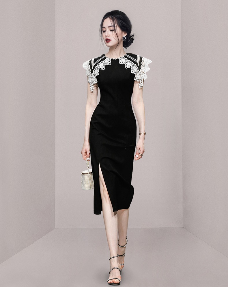 レース襟ワンピース ワンピース ワンピドレス 膝丈 ひざ丈 袖なし ノースリーブ ラウンドネック 襟付き スリム タイト 細身 Iライン レース スリット かわいい 大人可愛い きれいめ シンプル